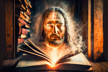Wall Mural - A mystical scene of Jesus Christ revealed by the Bible in an ancient library. Represents faith and Christianity. A soft and warm light that suggests divine power.