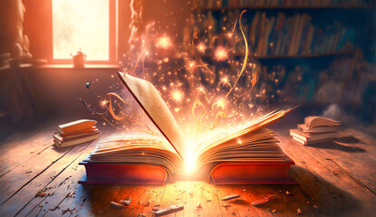 Wall Mural - Wonderful book with sparks and smoke coming out of its pages and representing magic and antiquity. Atmosphere of old library for this ancient grimoire loaded with spells.