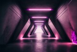 Fototapeta Do przedpokoju - Sci-fi neon illuminated corridor Generative AI