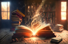 A Vintage Book Of Spells With Sparkling, Magical Smoke Seeping From Its Pages. Perfect For Evoking Fantastical And Arcane Atmospheres Like In An Ancient Library.