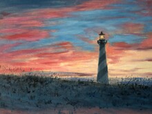 Oil Painting With Lighthouse And Sunset. Peaceful Seaside Landscape With A White Lighthouse