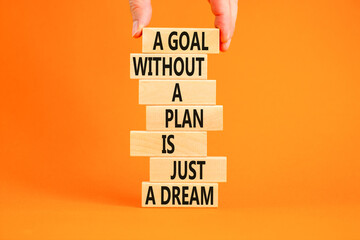 Wall Mural - Goal and plan symbol. Concept words A goal without a plan is just a dream on wooden blocks. Beautiful orange background copy space. Businessman hand. Business plan motivational goal or dream concept.
