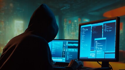 Computer Hacker in Hoodie. Obscured Dark Face. Concept of Hacker Attack, Virus Infected Software, Dark Web and Cyber Security.