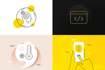Minimal set of Thoughts, Weather thermometer and Seo script line icons. Phone screen, Quote banners. Champagne glass icons. For web development. Business work, Temperature, Programming. Winery. Vector