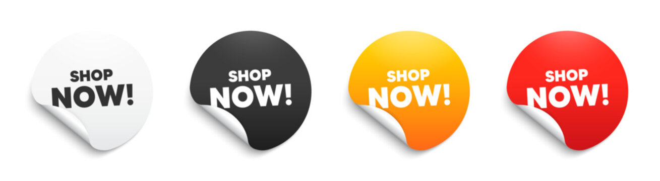 Shop now text. Round sticker badge with offer. Special offer sign. Retail Advertising symbol. Paper label banner. Shop now adhesive tag. Vector