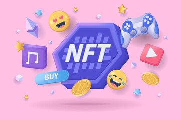 Wall Mural - nft non fungible token concept 3d illustration. icon composition with cryptocurrency, joystick, vide