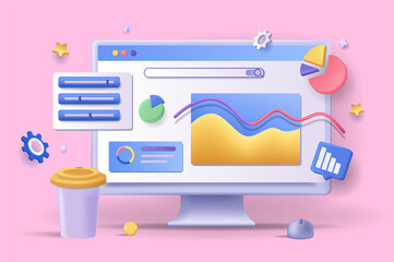 Wall Mural - online marketing concept 3d illustration. icon composition with statistics and data analysis at comp