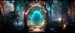 In a dense forest, an archway leads to another dimension. The leaves on the trees are green. A blue light can be seen in the portal. The whole earth is covered with green grass. 3D illustration. AI

