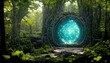 © Andrei Hasperovich - In a dense forest, an archway leads to another dimension. The leaves on the trees are green. A blue light can be seen in the portal. The whole earth is covered with green grass. 3D illustration, ai.