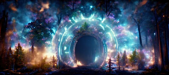 In a dense forest, an archway leads to another dimension. The leaves on the trees are green. A blue light can be seen in the portal. The whole earth is covered with green grass. 3D illustration, ai.