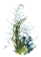 Canvas Print - Watercolor painted floral bouquet. Arrangement with blue flowers hydrangea, leaves fern and forest moss. Cut out hand drawn PNG illustration on transparent background. Isolated clipart.