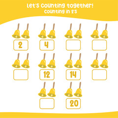 Counting by two's the Christmas elements. practising math in multiple of 2s activity worksheet for kids, write the missing numbers, Counting math. Educational printable math worksheet for children. 
