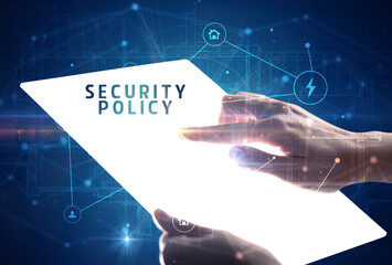 Poster - Holding futuristic tablet, security concept