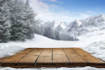 Wall Mural - Desk of free space and winter landscape. 