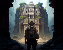 An Explorer Looking At An Abandoned Temple In The Jungle