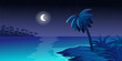 Tropic island, ocean scene at night, moon and stars, sand and palm tree, outdoor beautifu scene in cartoon style.