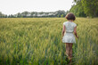 © Victoria - back view of girl with short hair in striped dress standing in wheat field