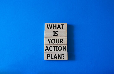 Wall Mural - What is your action plan symbol. Wooden blocks with words What is your action plan. Beautiful blue background. Business and What is your action plan concept. Copy space