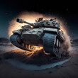 A war scene of a modern tank front left view on desert wasteland sand in the night, Generative AI
