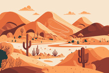 Sand Desert Landscape In Sunset With Cactus And Mountains Flat Color Vector