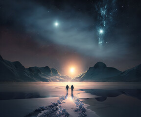 A wide shot of two friends walking along a frozen lake, the sun shining in the background and casting a dreamy, romantic light over the scene. The sky is a deep navy and the stars are twinkling