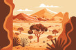 sand desert landscape in sunset with cactus and mountains flat color vector
