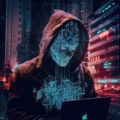 Portrait of a sci-fi cyberpunk hacker. High-tech futuristic man from the future. The concept of virtual reality and cyberpunk. Generative AI Art.
