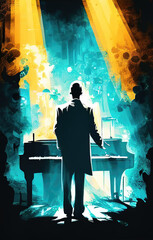 Wall Mural - modern classic poster artwork of a man standing in light in front of a piano, generative ai technology