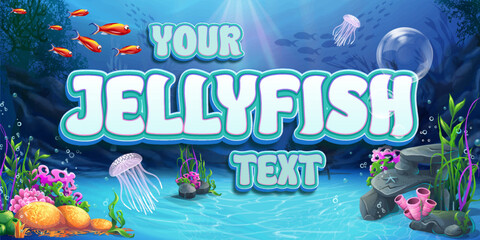 Jellyfish Text Cartoon Blue Under Sea Vector Editable Text Effect Template