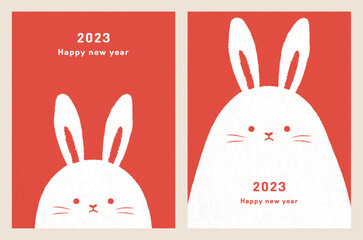 2023 Happy new year greeting card template. Cute rabbit face. Bunny character poster set. Season decoration, Banner, Flyer. Zodiac. Minimal design. hand drawn style. Trendy Flat vector illustration.