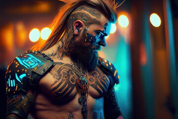 Wall Mural - cyberpunk Viking with runes tattoos