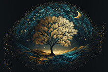 Golden Tree With Moon Illustration On Dark Background. Mystical Forest. Generative AI