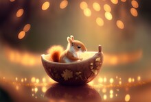 Illustration Of Cute Little Squirrel In Nut Shell With Bokeh Light, Idea For Cute Animal Card Or Background Design