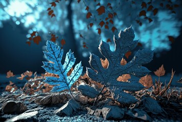 Wall Mural - illustration of close-up dry leaves on ground in brown, blue grey tone color of winter