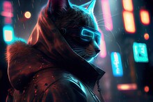 Cyberpunk Cat At Night Time In City