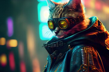 Wall Mural - cyberpunk cat at night time in city