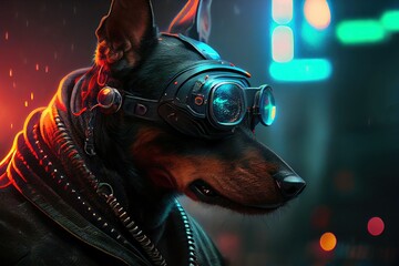 Wall Mural - cyberpunk dog in city at night time