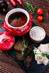 Sticker - Hot red borscht soup made from beets, potatoes, cabbage, onions, spices with sour cream, lard and bread.