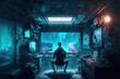futuristic guy room in cyberpunk dystopia, concept art illustration