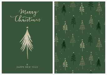 Wall Mural - Set Of Two Holiday Vector Designs With Hand Drawn Simple Christmas Trees. Elegant Greeting Card With Gold Elements And Seamless Pattern On Dark Green Background. Handwritten Christmas Wishes.