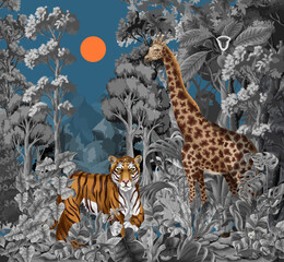 Monochrome jungle landscape with wild animals for kids. Vector.