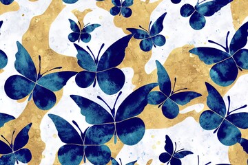 Wall Mural - Blue butterflies and other forms and golden lines make up this antique abstract print. Generative AI