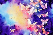 Striking Galaxy Backdrop With Watercolor Butterflies. Pattern Of Seamless Butterfly Forms Created By Hand. Insects Painted In Watercolor For Use In Home Decor Projects Generative AI
