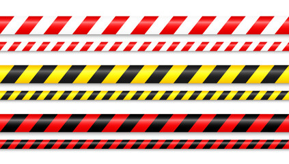 Wall Mural - Realistic barricade construction tape. Yellow and red police warning line, danger or hazard stripe, ribbon. Under construction sign. Restricted area, zone. Attention symbol. Vector illustration