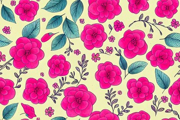 Wall Mural - Adorable hand-drawn blossoms. Floral pastel seamless design. the pink blossoms. Fabric, apparel, and gift-wrapping paper pattern Generative AI