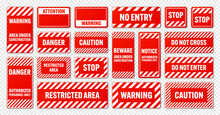 Various White And Red Warning Signs With Diagonal Lines. Attention, Danger Or Caution Sign, Construction Site Signage. Realistic Notice Signboard, Warning Banner, Road Shield. Vector Illustration
