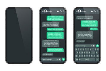 Realistic smartphone with messaging app. SMS text frame. Conversation chat screen with green message bubbles and placeholder text. Dark mode. Social media application. Vector illustration