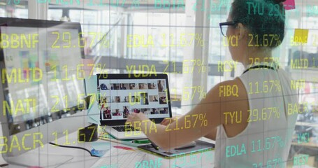 Poster - Animation of stock market data processing over asian female graphic designer using computer