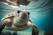 Leinwandbild Motiv green happy smiling sea turtle swimming underwater, Portrait, illustration ai digital art style