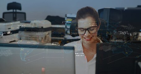 Sticker - Animation of data processing and world map over caucasian woman using computer at office